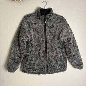 REVERSIBLE North Face Puffer Jacket Fuzzy Fleece Black Gray Girls Jacket XL
